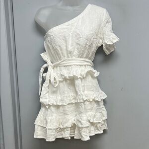 VICI One-Shoulder Ruffle Mini Dress | White Tiered Boho Dress | Size Small